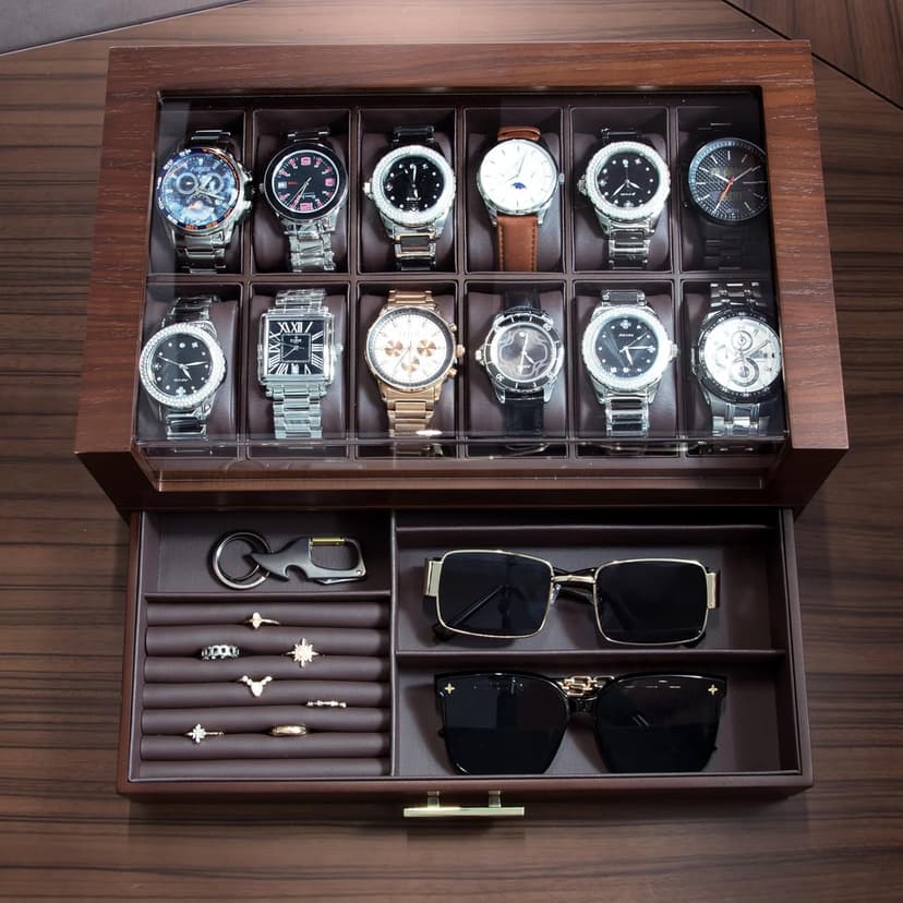 KAMIER High End Watch Box for Men, 12 Slot Wooden Watch Case With Drawer, Watch Display Box with Glass Lid, 2-Layer Watch Holder for Jewelry and Watch Storage for Men Women , Ideal for Gift (With Gift Box)