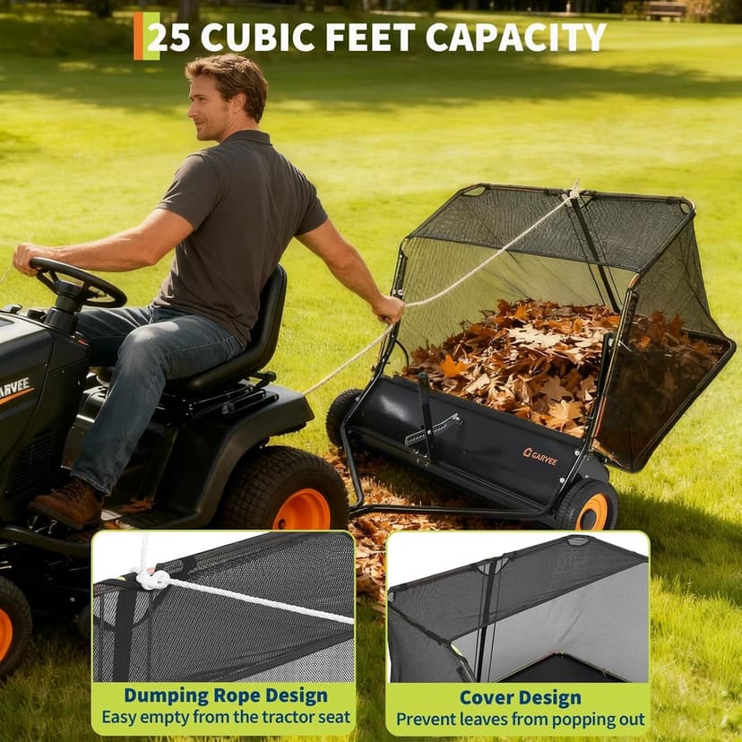 44 Inch Tow Behind Lawn Sweeper, 26 cu. ft. Large Pull Behind Grass Sweeper Heavy Duty Leaf & Grass Collector with Dumping Rope Design, Adjustable Sweeping Height for Yard and Grass Cleanup Tool