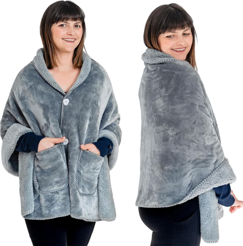 Premium Double Layer Poncho Blanket -No Sleeves Easy On Easy Off- Drape and Go Shawl Gift for Women Who Have Everything - Gifts for Grandma and Mom (Silver Grey)
