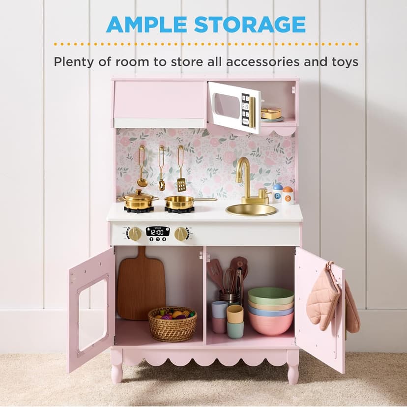 Best Choice Products Toddler Kitchen Playset, Wooden Cottage Kids Play Kitchen with 5 Accessories, Toy Storage, Scalloped Edge, and Pretend Play Microwave, Oven, Clicking Knobs - Pink