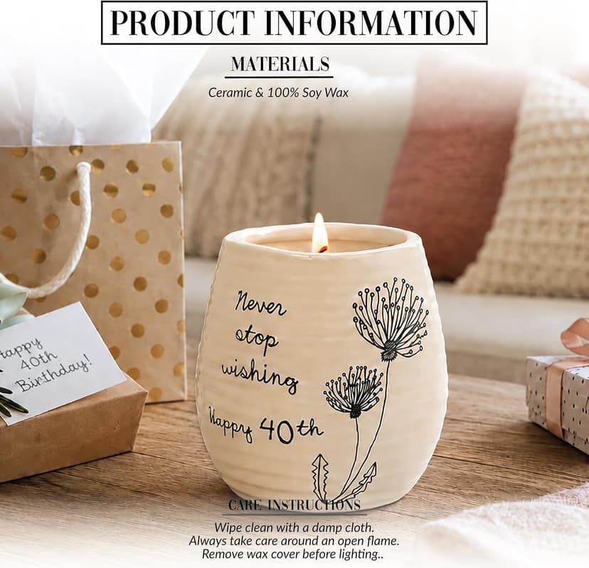 Pavilion Gift Company Never Stop Wishing Happy 40th Birthday - 8 oz Soy Wax Candle with Wick in A Yellow Ceramic Vessel 8 oz-100 Scent: Serenity, 3.5 Inch Tall
