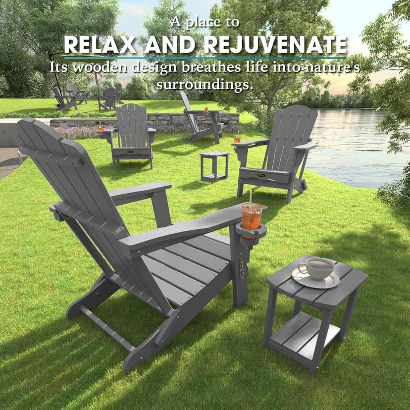 THOEOE Folding Adirondack Chair,HDPE All-Weather Outdoor Chair with Cup Holder,Wooden Textured,Fire Pit Chair,Plastic Patio Chair for Deck,Backyard,Garden,Lawn, Grey