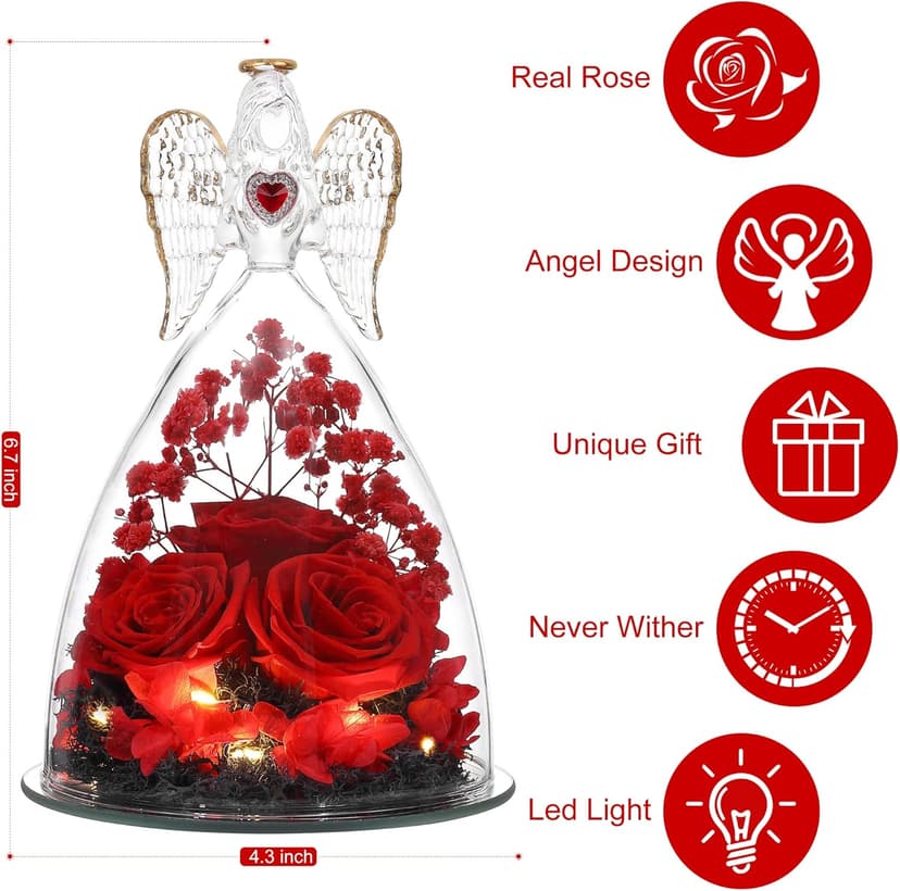 Mothers Day Rose Gifts for Women, Large Angel Figurines with Real Roses, Preserved Real Flower Rose for Her - Red