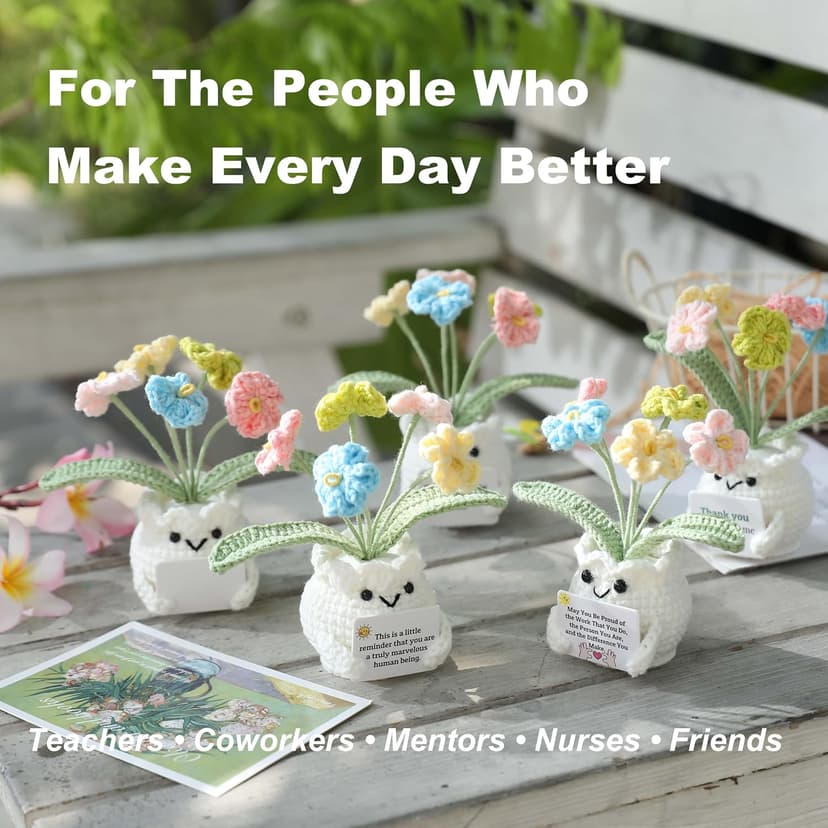 Cute Gifts for Women, Boss Day, Teacher Appreciation, Coworker & Nurse Thank You Gift, Desk Decor, 4.7 In H × 2.4 In W Forget-Me-Not Crochet Flower Potted Plant Gift B0F26ST99P