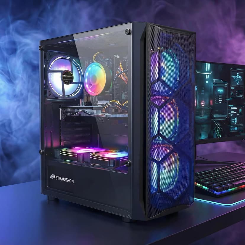 STGAubron Gaming PC Desktop Computer, Intel Core I7 up to 3.9 GHz, Radeon RX 580 8G, 16G RAM, 512G SSD, WiFi, Bluetooth 5.0, RGB Fan x6, RGB BT Sound Bar, Windows 10 Home