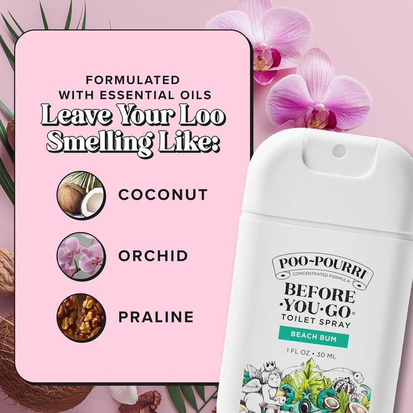 Travel Essentials On-The-Go Bathroom Odor Deodorizer with Essential Oils, Up to 50 Uses, TSA Approved, Coconut Orchid Scent Poo-Pourri Before-You-Go Pocket Toilet Spray, Beach Bum, 1 Fl Oz B0CRQQ8TYB