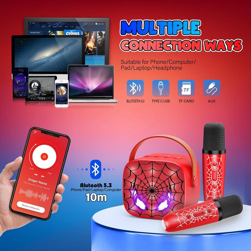 Mini Karaoke Machine Toys Gifts: Kids Toys Christmas Birthday Gifts for 4 5 6 7 8 9 Years Old Girl Boy Stocking Stuffers LED Portable Bluetooth Speaker with 2 Wireless Microphone Girl Gift Age 3-12+