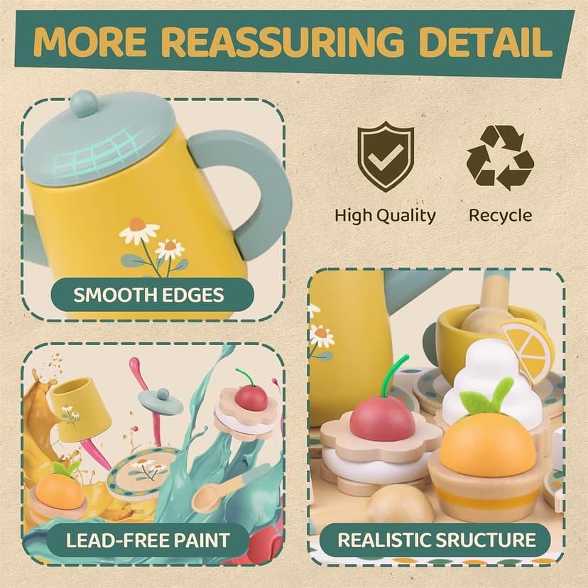 Wooden Play Food Toy Sets for Kids Kitchen Accessories Age 3 4 5 6 Wood Educational Toys Tea Sets for 3-5 Girl Birthday Gift 3 Year Old Princess Party B0CQ2PFTXC