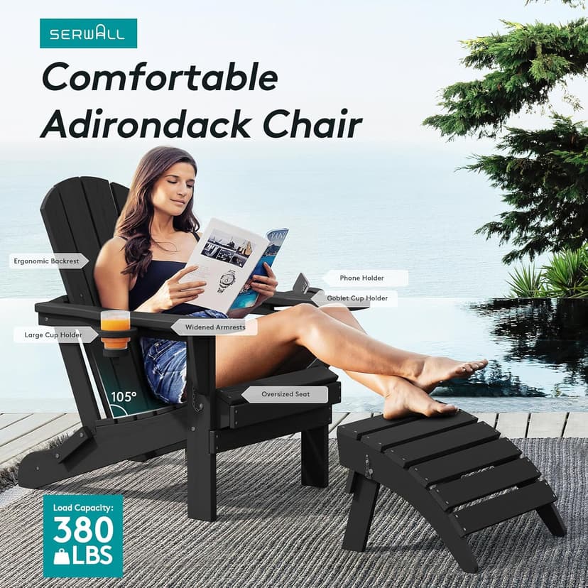 SERWALL HDPE Folding Adirondack Chair with Dual Cup Holder - Composite Adirondack Chair Set of 4- Black