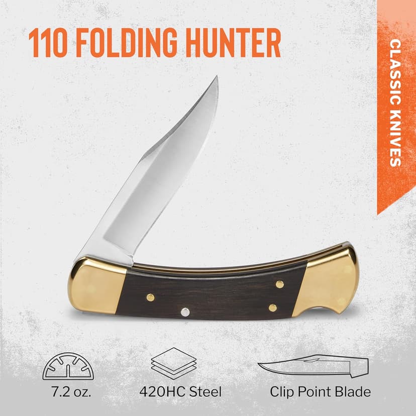 Buck Knives 110 Folding Hunter Knife, 3-3/4" Blade, Lockback Design, Ebony Handle, Brass Bolsters, 420HC Stainless Steel Clip Point Blade, Sheath Included, Hunting Knife Made in the USA, 7.2 oz