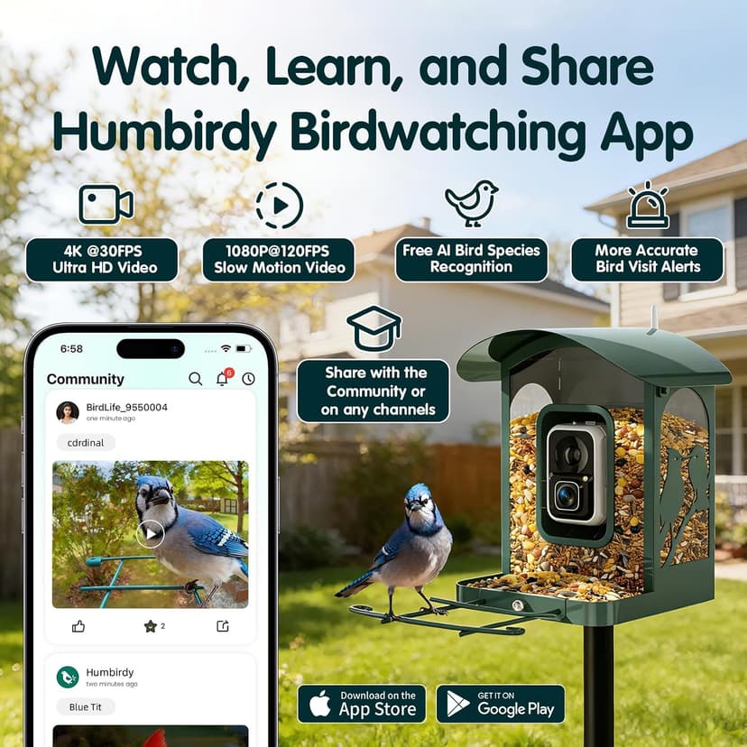 4K Ultra HD Video with Live View,10x Slow Motion,AI Smart Bird Feeder with Camera,2.4G/5G Wi-Fi,Durable Metal,Bird Lover Gift 4K Smart Bird Feeder with Camera,No Subscription,Solar Powered B0FMDP272Y
