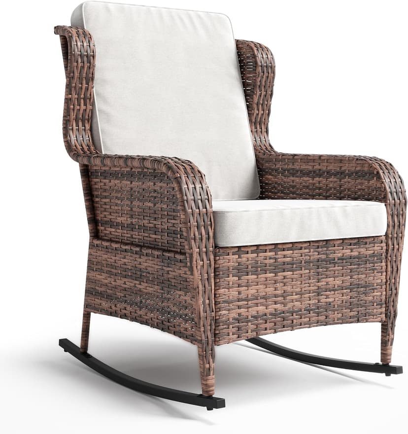Patio Rocking Chair for Outdoor, Rattan Wicker Chair with Thick Cushions & Steel Frame, All-Weather PE Chair for Garden, Backyard, Porch, Deck