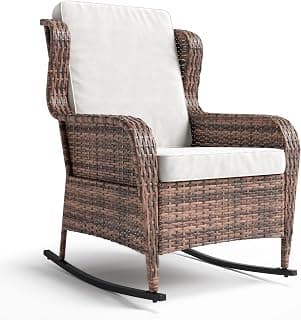 Patio Rocking Chair for Outdoor, Rattan Wicker Chair with Thick Cushions & Steel Frame, All-Weather PE Chair for Garden, Backyard, Porch, Deck