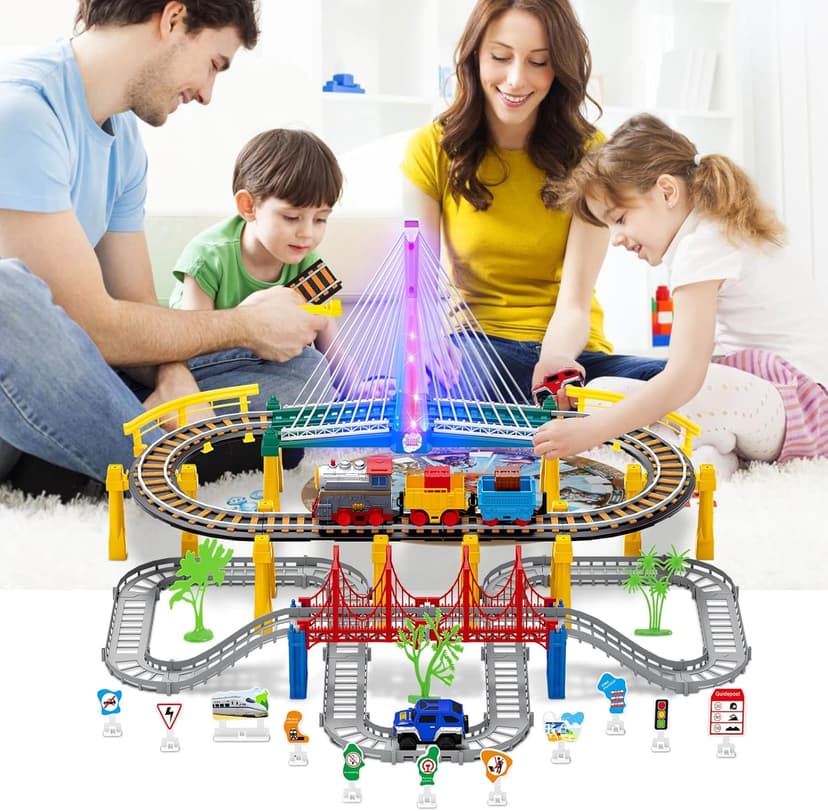 Electric Train Set for Kids Ages 4-8 with Train Tracks Set & Car Tracks Lights Up Bridge Road Sign Realistic Sound Train Track Accessories Playset Boy Toys Birthday 4 5 6 7 8+ Year Old