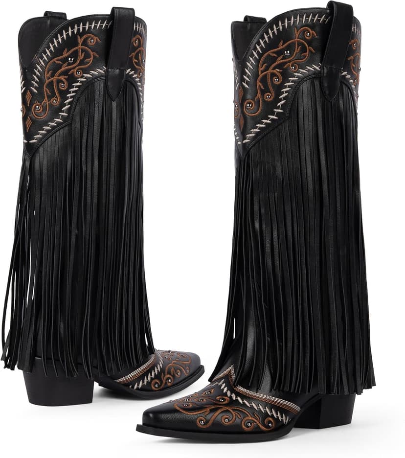 Modatope Cowboy Boots for Women Fringe Knee High Boots Embroidered Cowgirl Western Pointed Toe Chunky Heel Slip on Wide Calf Cowboy Boots