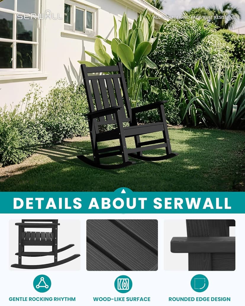 SERWALL Outdoor Rocking Chair Set of 2, HDPE Rocking Chairs for Adult, Black