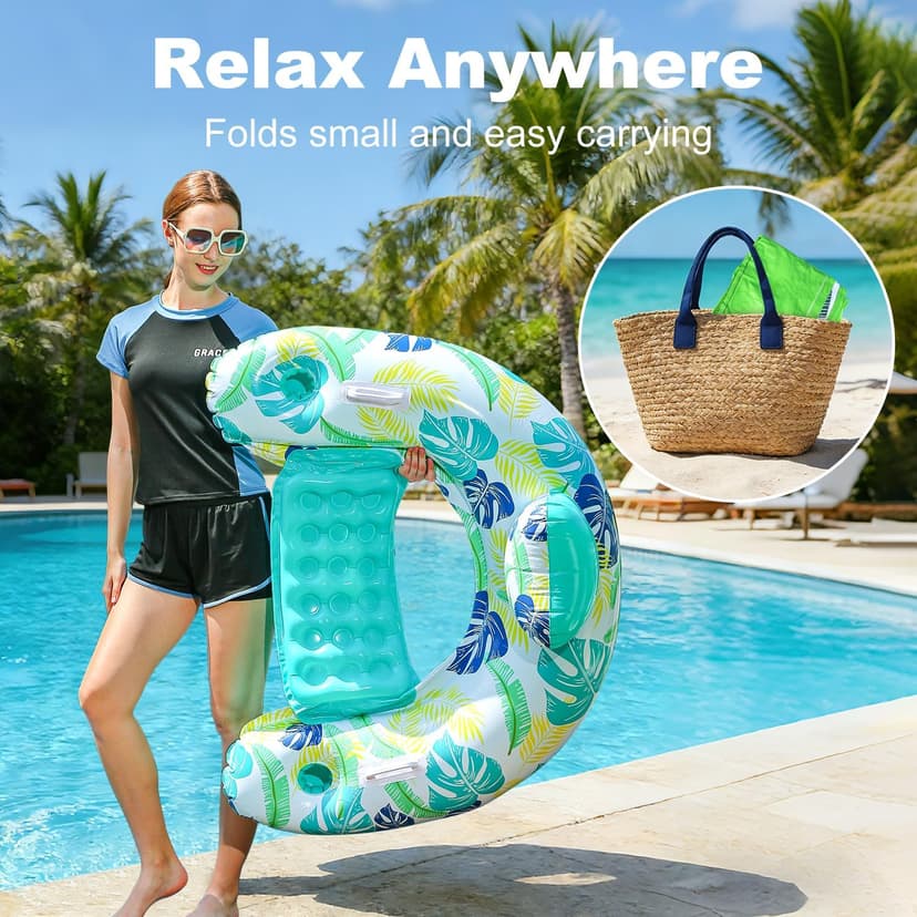 2 Pack Inflatable Pool Float Chair, Floating Pool Chair Adults Pool Lounger Float with Cup Holder & Handles Water Floats for Adults Lake Chair Floats for Swimming Pool River Beach Party