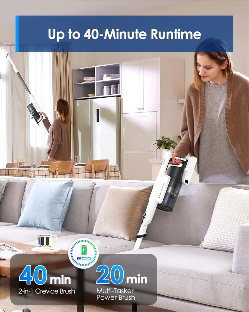 Tineco A20 Cordless Stick Vacuum Cleaner, Powerful Suction, 3 Modes for Multi-Level Messes, 1L Larger Dustbin, Ergonomic Dual-Handle Design, Wall-Mount Dock, LED Headlight
