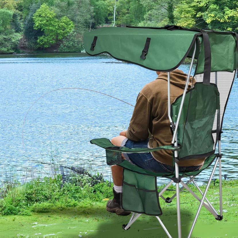 Portable Camping Chair with Canopy Shade - Folding Lounge Chair with Cup Holder & Side Pocket for Outdoor Camping, Fishing, Beach - Support 330 LBS - Green