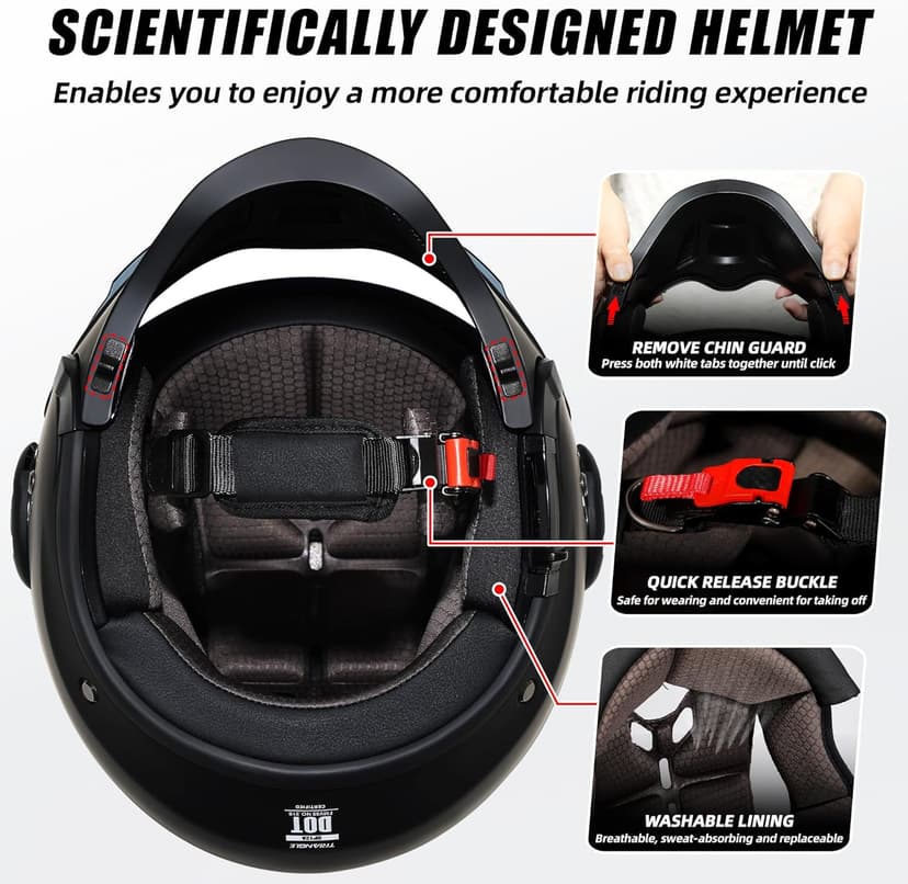 TRIANGLE Convertible Full Face Motorcycle Helmet DOT Approved for Men Women, Multi-Configuration 3/4 Open Face Street Bike Helmet with Internal Tinted Sunshield, Includes Storage Bag