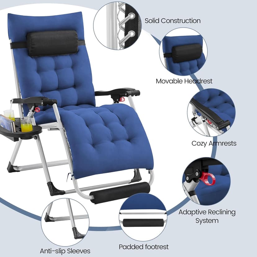 Yaheetech Zero Gravity Chair, Folding Reclining Lounge Recliner with Removable Pad & Headrest & Side Cup Holder Tray for Indoor and Outdoor Navy Blue/1