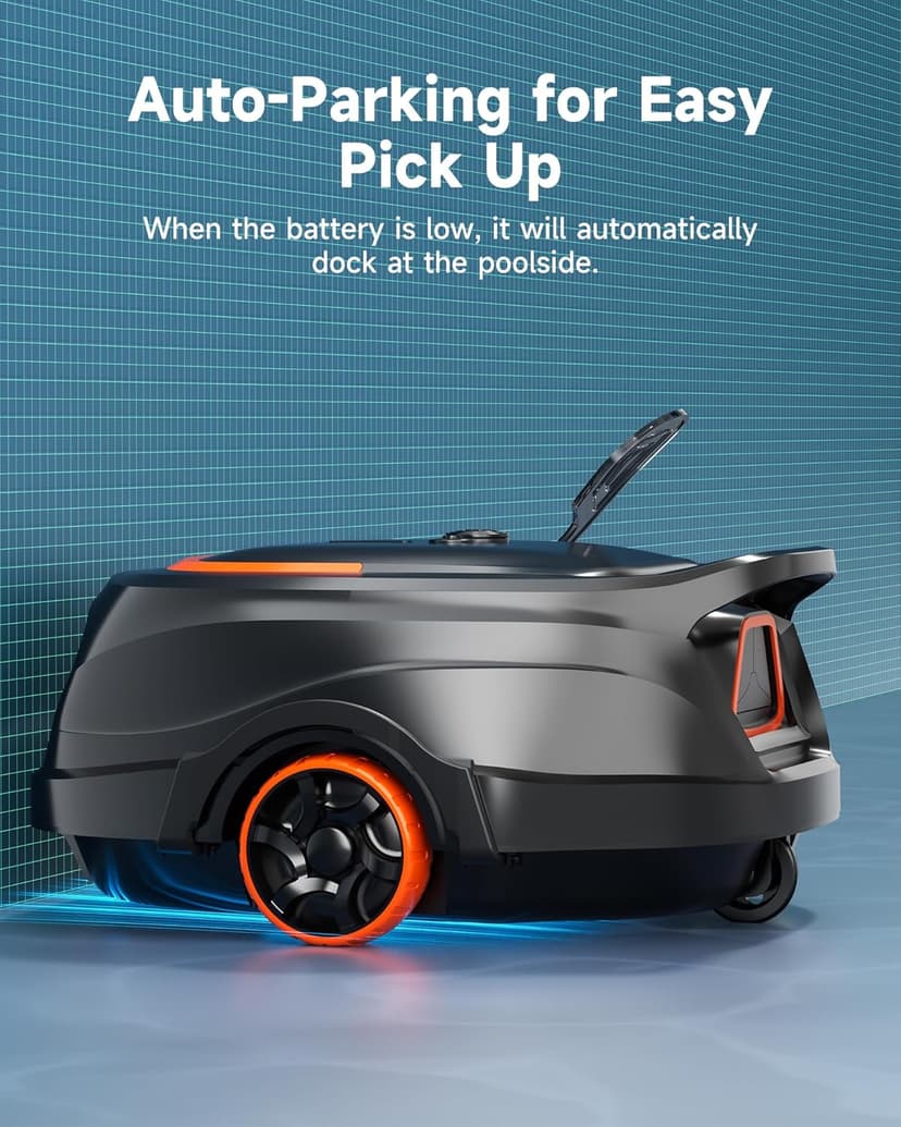 Robotic Pool Vacuum for Above Ground Pools, Dual Filters, Self-Parking, 120-Min Runtime & 2.5h Fast Charging, Powerful Suction, Ideal for Flat Pools up to 1076 sq.ft (Black Tangerine)