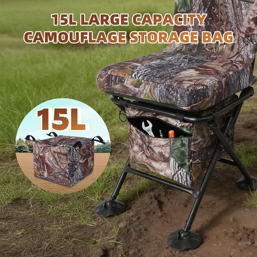 FUNHORUN Hunting Chair with Storage Bag, 360 Degree Silent Swivel Hunting Seat, Camouflage Foldable Ground Blind Chair, Tool-Free Padded Cushion Portable Seat, Lightweight