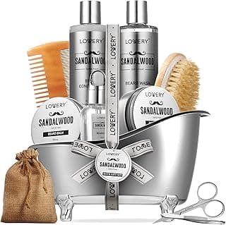Mens Gifts, Sandalwood Beard Grooming Kit, Mens Grooming Kit for Boyfriend Dad, Him, 11pc Beard Straightener for Men Beard Care, Beard Growth and Trimming Gift, Beard Wash Growth Oil & More
