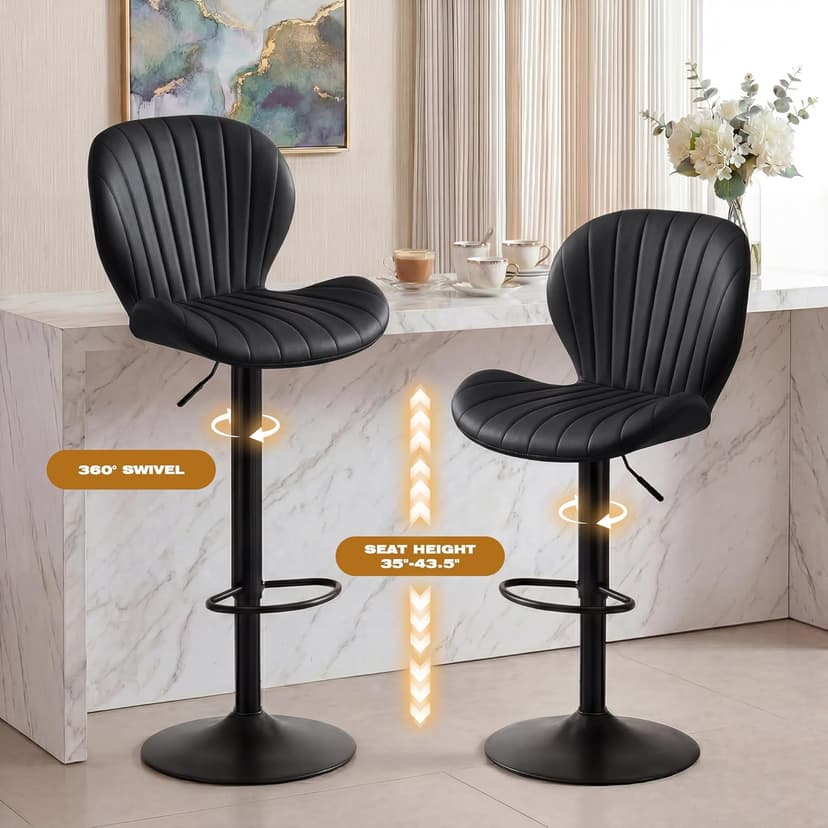 GRUSIGN Bar Stools Set of 2, Modern Swivel Adjustable Bar Chairs, Faux Leather Upholstered Counter Height Bar Stools with Backrest, Comfort Barstools for Kitchen Island, Home Bar, Black