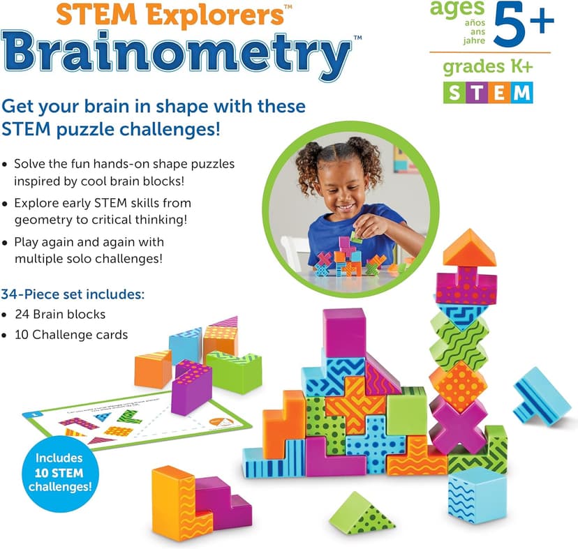 Learning Resources STEM Explorers Brainometry - 3d Puzzle, Brain Games, Brainteaser, Building Logic Toys, Gifts For Boys and Girls, Fine Motor Skills , Pattern Blocks, Math Manipulatives