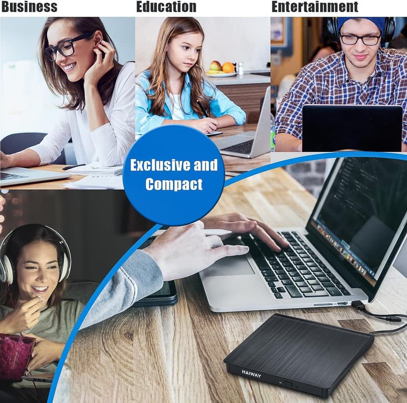 Haiway External DVD Drive, USB 3.0 Type-C CD Burner Portable CD DVD +/-RW Optical Drive Slim CD DVD ROM Rewriter CD/DVD Player Writer Reader for Laptop Desktop MacBook PC Windows Linux Mac OS (Black)