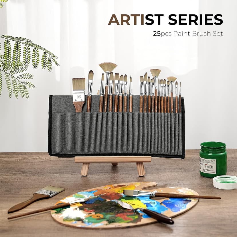Fuumuui 25pcs Paint Brush Set, Professional 9 Shapes with Wide Flat, Filbert, Fan, Dagger, Cat Tongue, Round, Angle, Rigger for Acrylic Oil Watercolor | Includes Palette Knife & Waterproof Canvas Roll B0CCHK9L7G