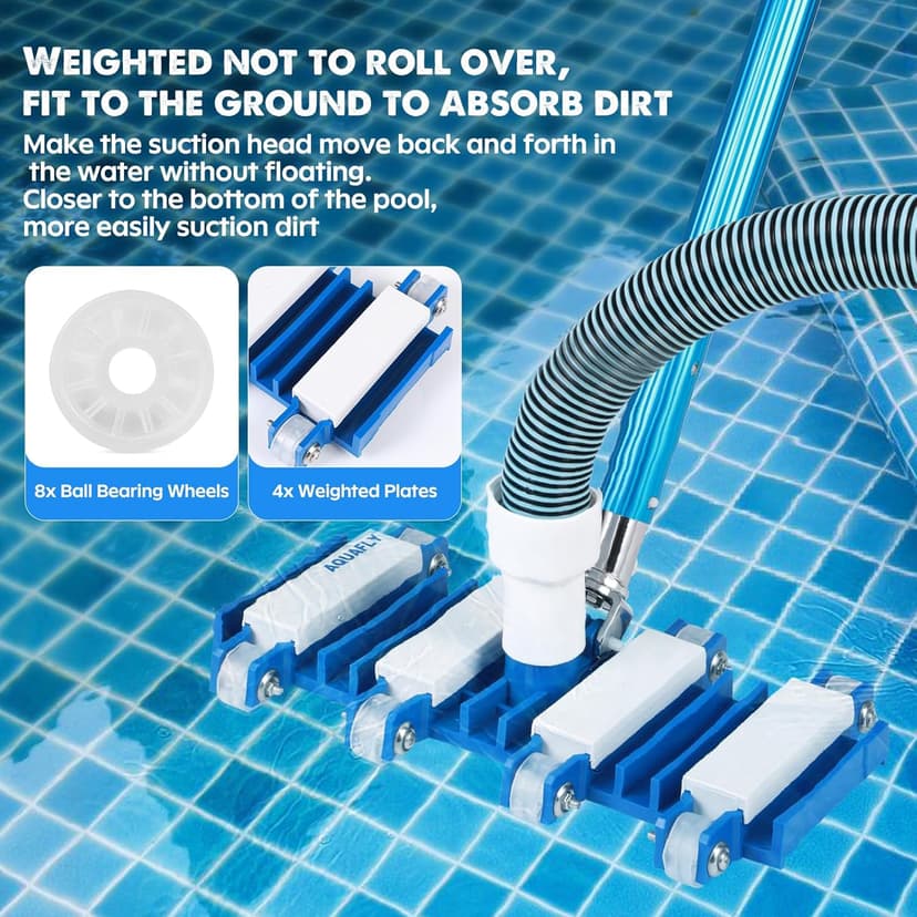 Pool Vacuum Head, Manual Cleaning Vacuum with Wheels 14'' Heavy Duty Handle Pool Vacuum Heads for Inground & Above Pools with Flexible Swivel, Swimming Pool Head for Absorb