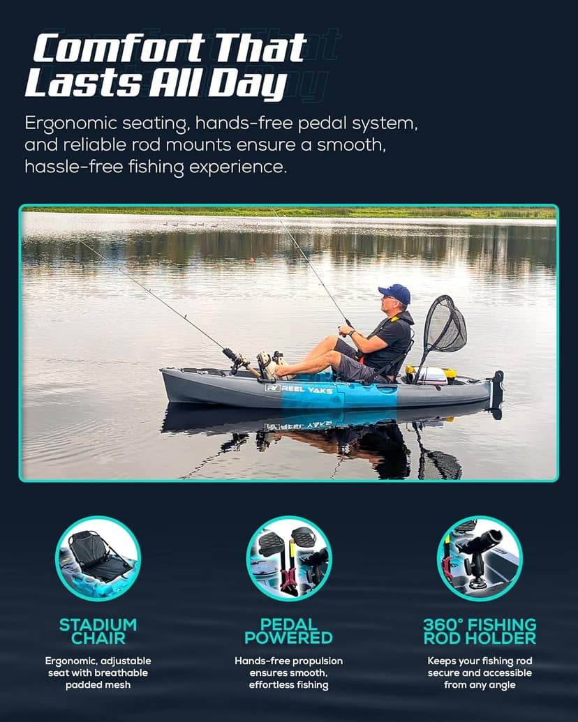 Reel Yaks Raptor Modular Fishing Kayak - 9.5ft Lightweight Sit On Top Kayak for Adults & Youth - Stable & Portable, Ideal Space-Saving Design for Travel - 380lbs Capacity