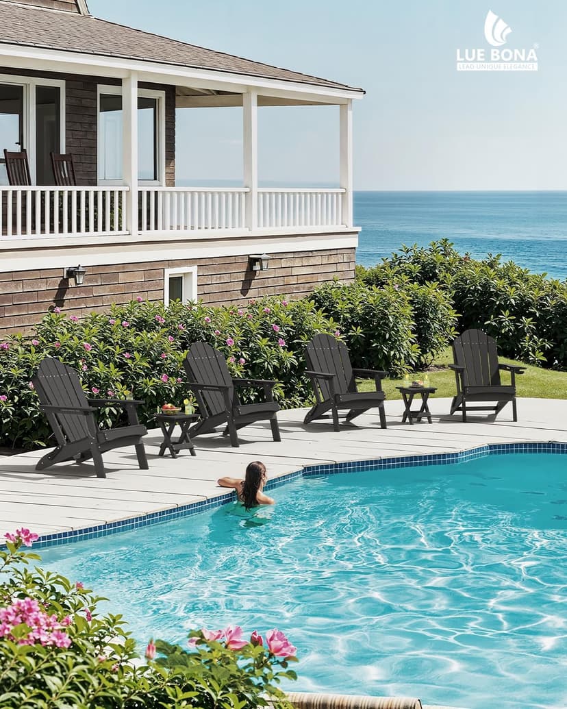 LUE BONA Folding Adirondack Chair, Chairs Set of 4, Cup Holder, Woodgrain, Fire Pit, Patio, Pool, Black
