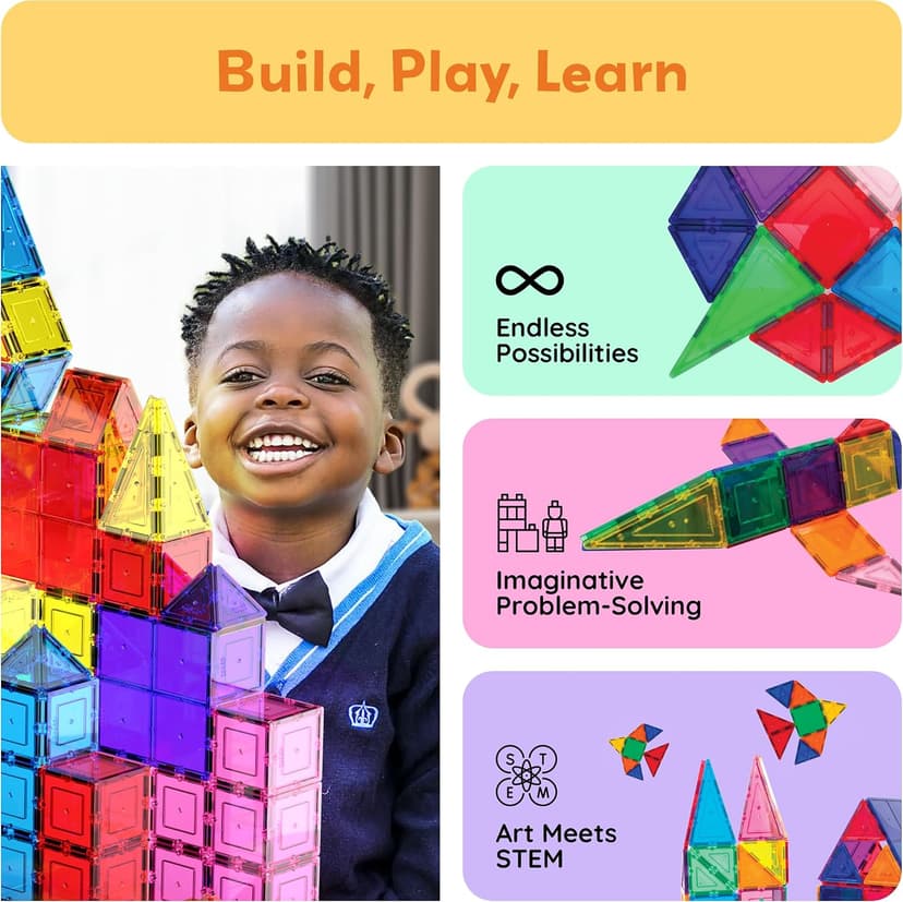 No-limit scalable builds, hands-on magnet polarity fun, family group play, quick assemble & store, shape & color recognition PicassoTiles 100 Piece Magnetic Tiles, Clear 3D Building Blocks for Kids 3+ B00AU56C5W