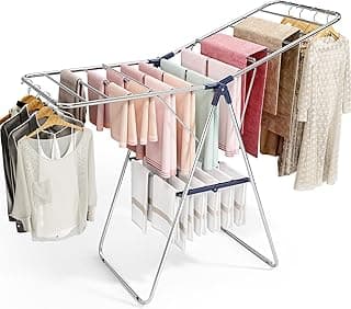 APEXCHASER Clothes Drying Rack, Stainless Steel Drying Rack Clothing with Height-Adjustable, Foldable Gullwings Laundry Drying Rack, Indoor Outdoor Use, No Assembly