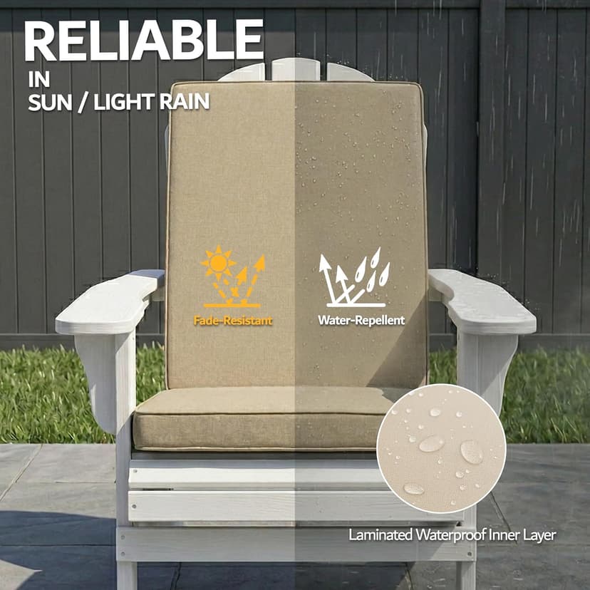 Adirondack Chair Cushions Set of 2 - Removable Covers, Water-Repellent & Fade-Resistant Faux Linen, Securing Straps, Non-Slip Bottom, Fit for Most Outdoor Adirondack & Rocking Chairs - Nature