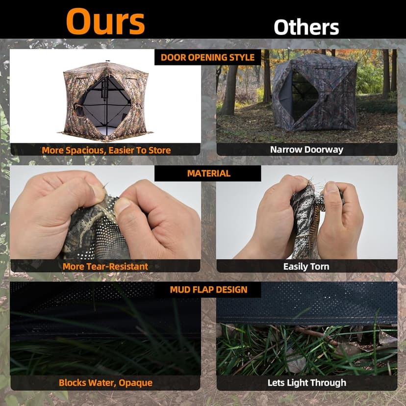 Hunting Blind - 2-3 Person & 3-4 Person 360 Degree See Through Ground Blinds for Hunting Deer and Turkey, Pop Up Deer Blind with Diamond-Shaped Door, Mud Flap, Portable Carry Bag