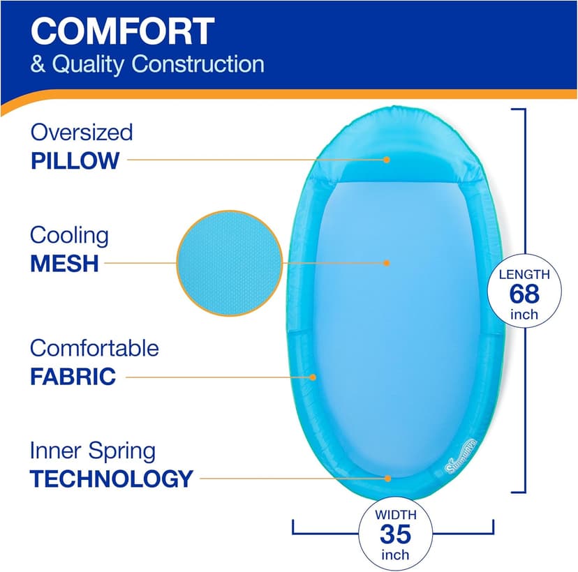 SwimWays Spring Float Premium Hammock Pool Lounger, Inflatable Pool Floats Adult with Fast Inflation for Ages 15 & Up, Sky Blue