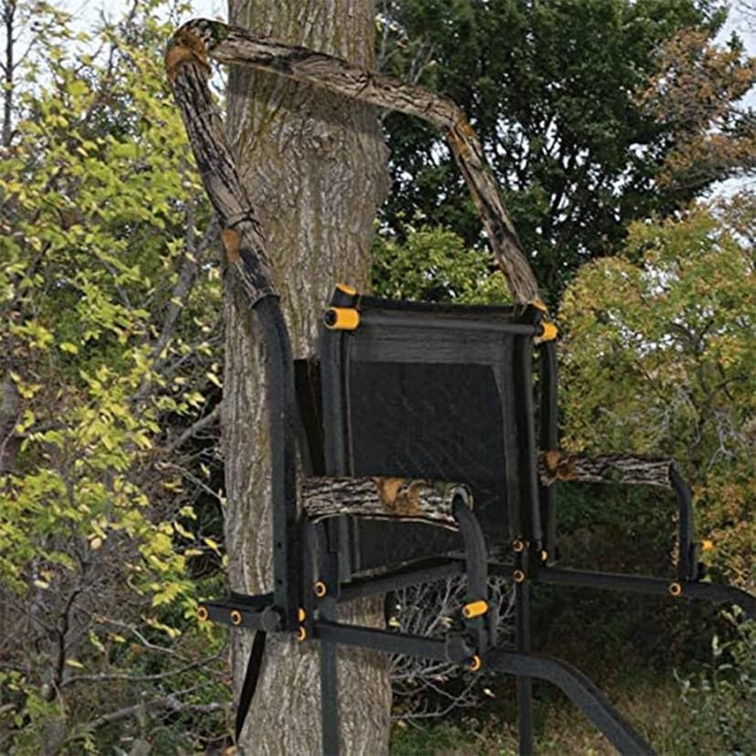 MUDDY 1-Person Huntsman Deluxe Steel Ladder Tree Stand, 17 ft Tall, 300 lb Capacity - Heavy-Duty Hunting Treestand with Lumbar Support Seat, Flip-Back Adjustable Shooting Rail & Silencer Technology