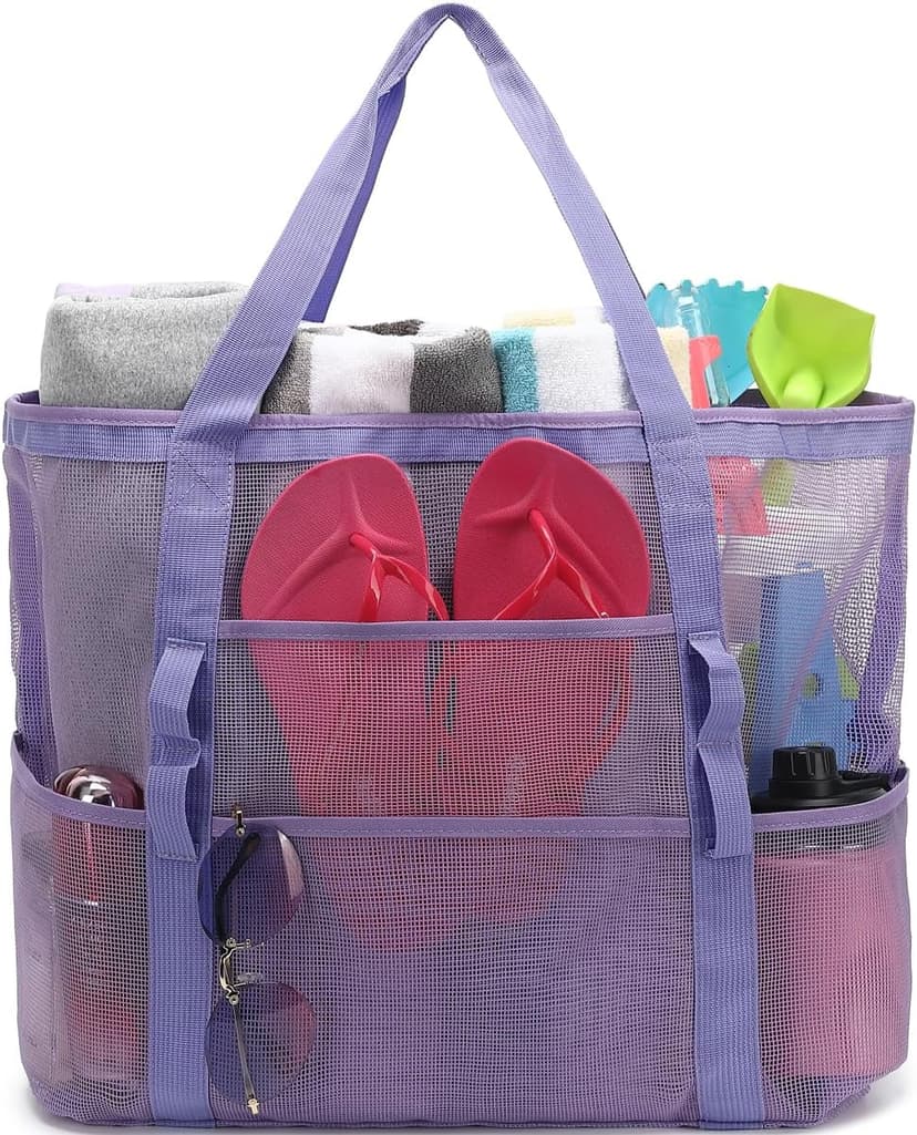Fammart Mesh Beach Bag with Zipper, Large Beach Tote for Women, Toys Pool Swim Bag Travel Vacation Cruise Essentials