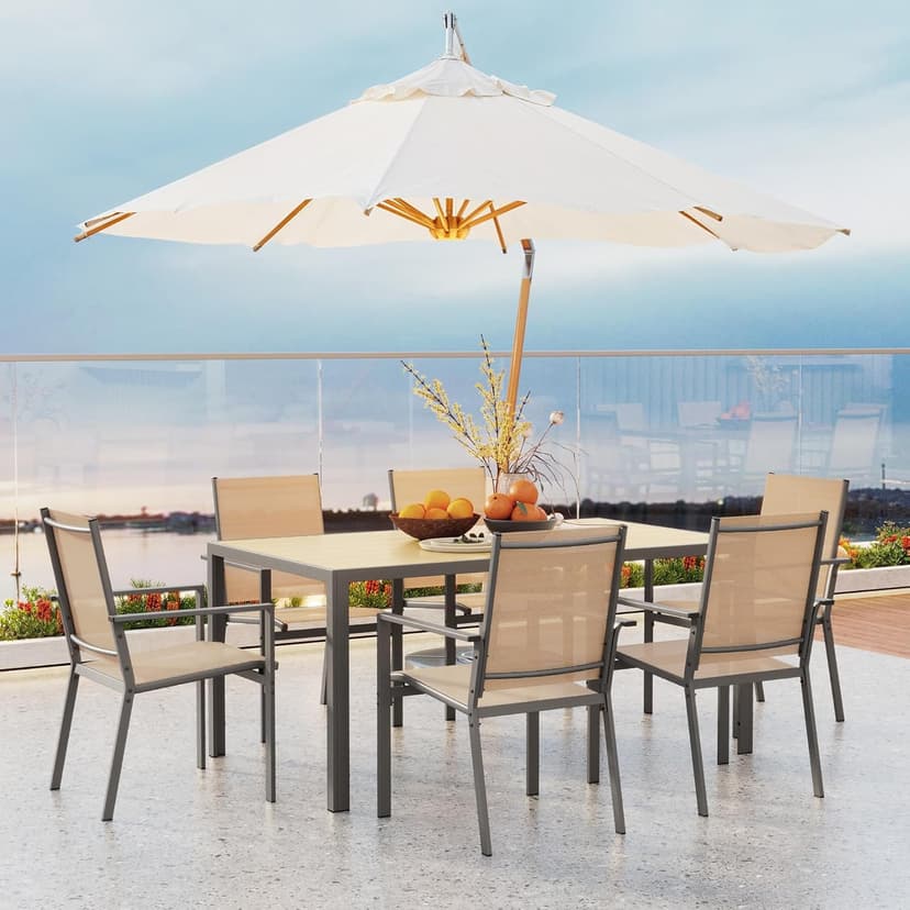 Ahomly Patio Table and Chairs Set for 6, Outdoor Dining Set Includes 59.5" Rectangle Patio Table with Side Umbrella Hole and 6 Textilene Fabric Patio Chairs for Backyard, Courtyard, Poolside, Brown