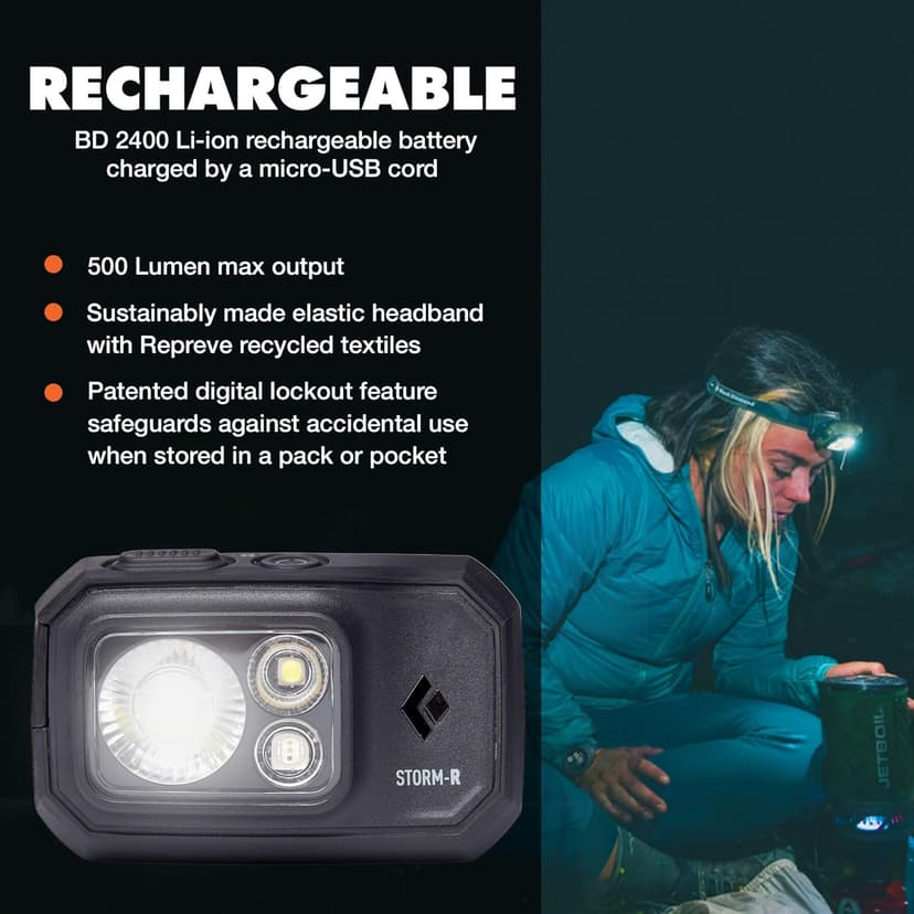 BLACK DIAMOND Storm 500-R Rechargeable Headlamp | 500 Lumens Brightness | Micro-USB Charging | Waterproof & Compact | Camping, Hiking, Running | BD Black