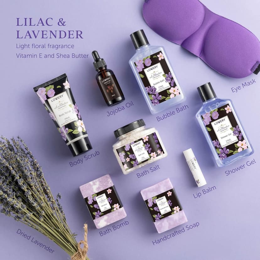 Gifts for Women, Moms, Lavender & Lilac Spa Gift Basket Set - Handmade Soap, Potpourri, Bath Bomb, Jojoba Oil, Organic Lip Balm & More - Stress Relief, Bath & Body Self Care Package B08DFG13DT