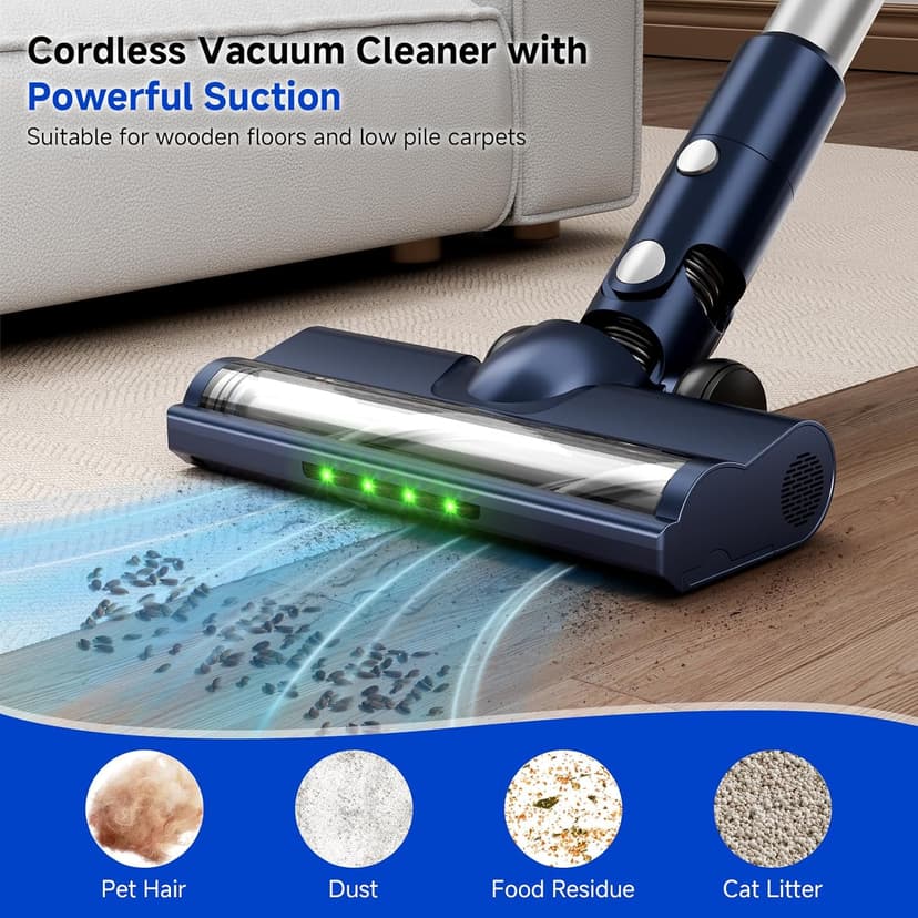 Cordless Vacuum Cleaner, Powerful Suction Vacuum Cleaners for Home, Anti-Tangle Pet Hair Brush, Lightweight, Self-Standing, Green LED Headlight, 6-in-1 Stick Vacuum for Carpet Hardwood Floor-Dark Blue