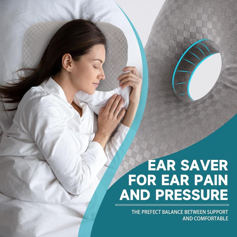 Ear Piercing Pillow with an Ear Hole, Cotton and Polyester Side Sleeping Pillow for CNH and Ear Pain Ear Inflammation Pressure Sores for Side Sleepers, Ear Guard Pillow (Light Grey)