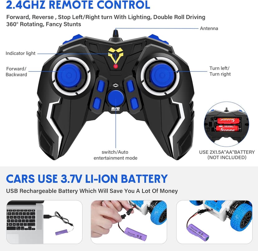 Remote Control Car, Double Sided RC Car, 4WD Off-Road Stunt Car with 360° Flips, 2.4Ghz Indoor Outdoor All Terrain Rechargeable Electric Toy Cars Gifts for Boys Kids 3 4 5 6 7 8 9 10 11 12 Year Old