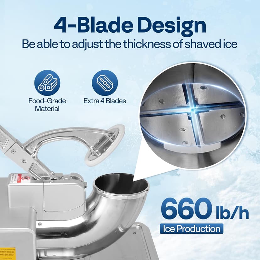 VIVOHOME Commercial Ice Crusher Shaver with Four Blades, Electric Snow Cone Maker Machine, 350W Shaved Ice Machine with Safety Switch for Both Home and Commercial Use, 660lbs/hr