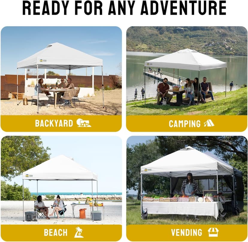 CROWN SHADES 10x10 Pop Up Canopy - Beach Tent with One Push Setup - Easy Outdoor Sun Shade for Events, Parties, Camping - Gazebo with STO-N-Go Cover Bag, Silver Coated Top, Grid White